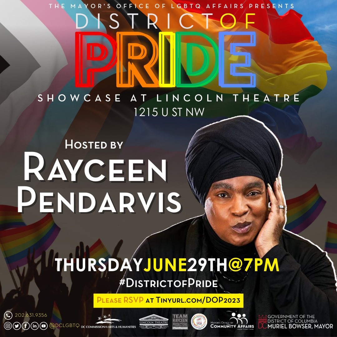 Mayor’s Office of LGBTQ Affairs #DistrictofPride (@dclgbtq) on Twitter photo Mark your calendars for #DOP2023! Hosted by the one and only, <a href="/RayceenHRH/">Rayceen Pendarvis, HRH 👑</a>.
This is a FREE event with <a href="/TeamRayceen/">Team Rayceen Productions</a> showcasing DC talent!
RSVP Link in bio. #DistrictofPride 🌈 Mark your calendars for #DOP2023! Hosted by the one and only, <a href="/RayceenHRH/">Rayceen Pendarvis, HRH 👑</a>.
This is a FREE event with <a href="/TeamRayceen/">Team Rayceen Productions</a> showcasing DC talent!
RSVP Link in bio. #DistrictofPride 🌈
