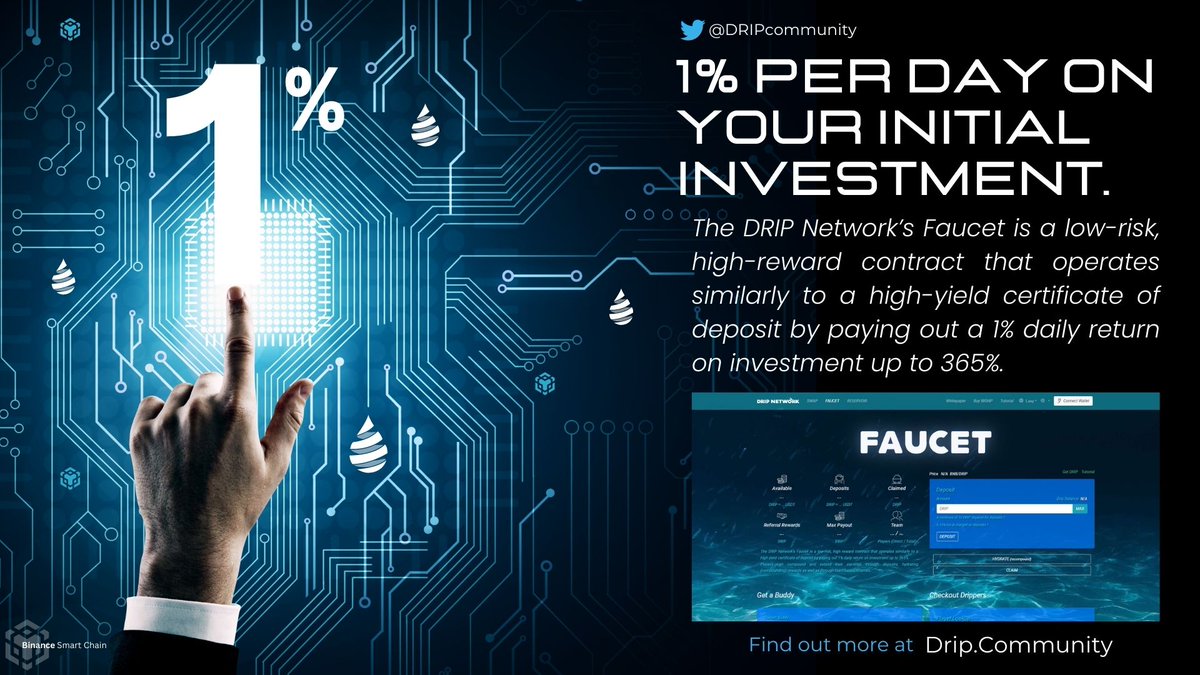 Drip_Arsenal's tweet photo. Yo Drip Fam!
@DRIPcommunity
Let em know! The DRIP Network’s Faucet is a low-risk, high-reward contract that operates similarly to a high-yield certificate of deposit by paying out a 1% daily return on investment up to 365%. $DRIP #dripnetwork #dripcommunity
@F0r3x_Shark https://t.co/cbKsPXroNE