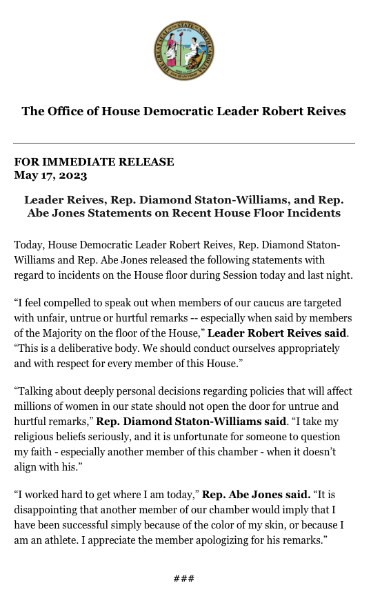 ReivesPress's tweet photo. Today, Leader Reives, @DiamondForNC and @repabejones released the following statements regarding recent incidents on the House floor. #ncpol #ncga @NCHouseDems https://t.co/fe8yyPZbCL