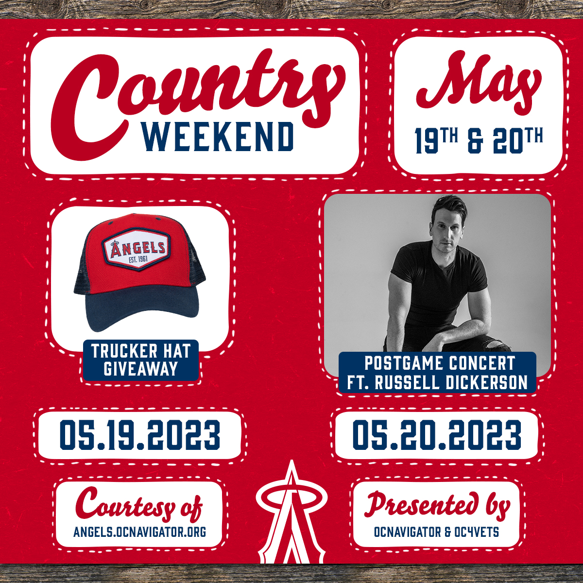 Angels's tweet photo. Giddy up to the Big A for Country Weekend starting this Friday! 🤠

Five (5) lucky fans who RT this post by 2PM PT tomorrow will receive 4 tickets to Saturday's game + 4 wristbands to go onto the field during the @russelled Postgame Concert! Link in bio for rules. https://t.co/IAaFlqxqpa