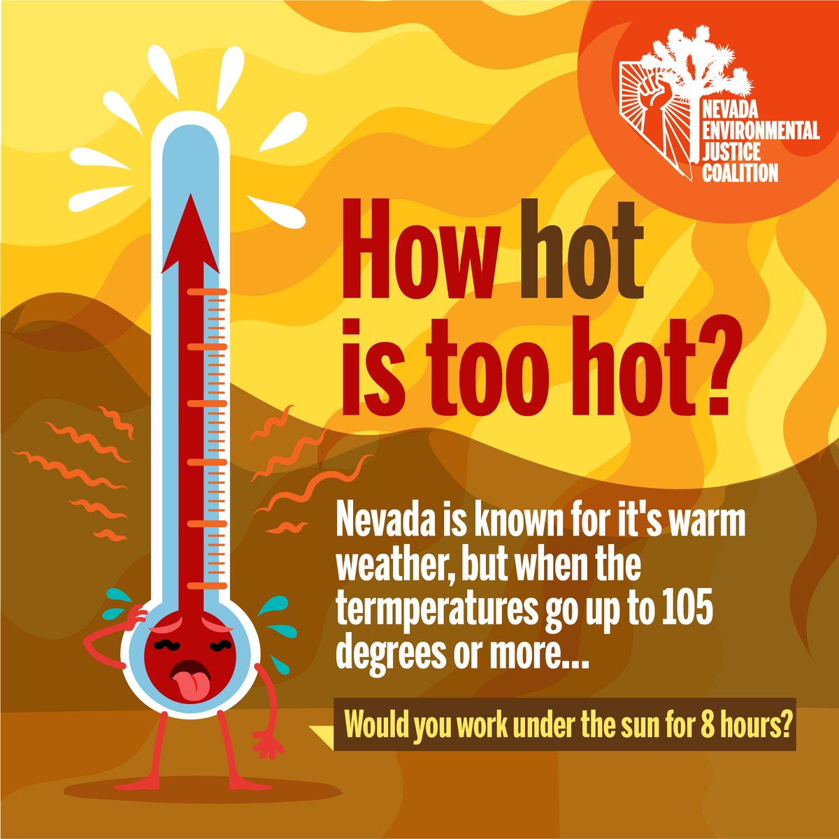 PLANevada's tweet photo. As a Nevadan, you’ve probably experienced weather of 3 digits at least once. But can you imagine working under the sun during those days?

#SB427 will define Extreme Heat as any day with a temperature of 105 or higher. Protect outdoor workers! #NVleg https://t.co/ZCJJjY3pR1
