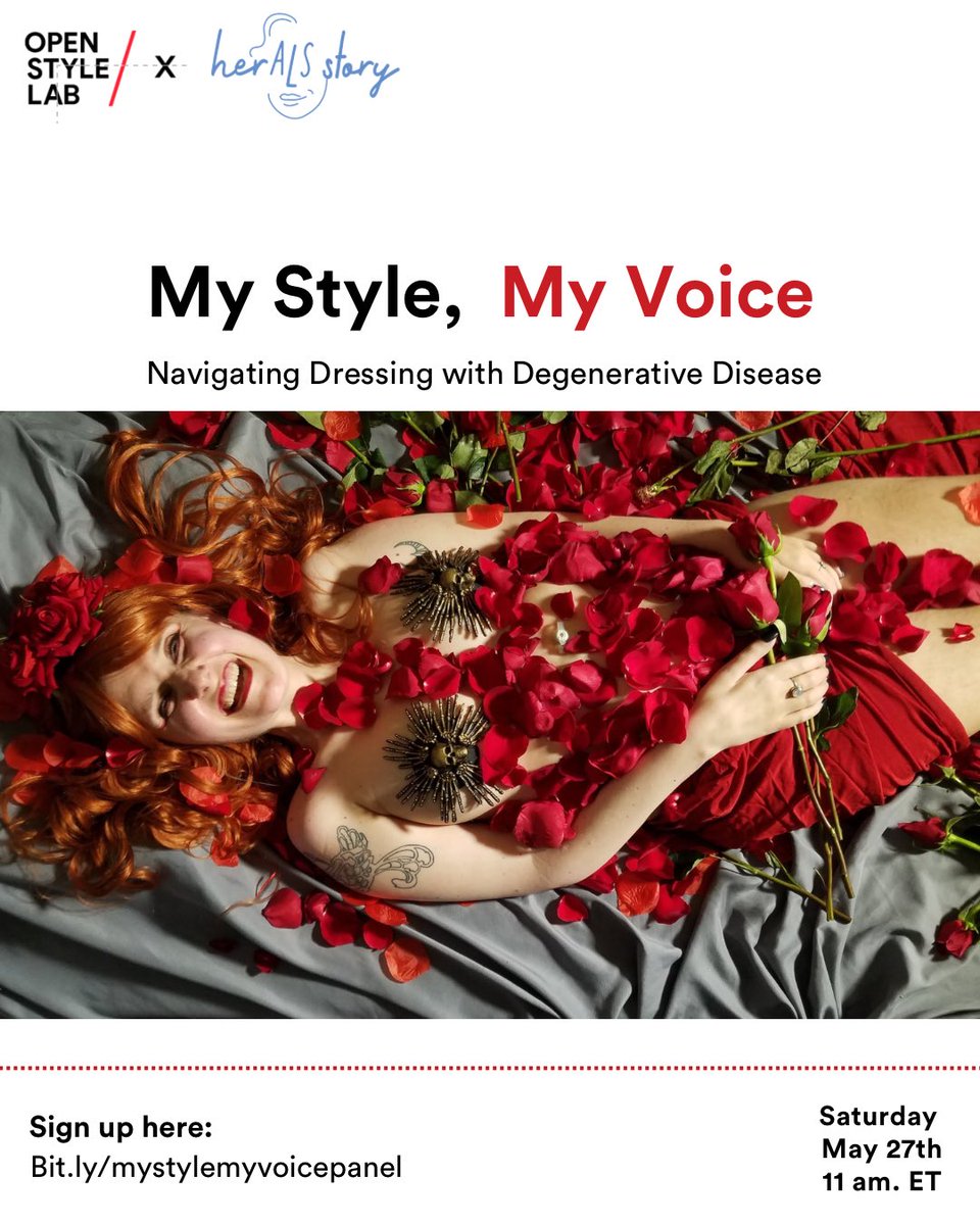 OpenStyleLab's tweet image. OSL & @HerALSStory are hosting My Style, My Voice: Navigating Dressing with Degenerative Disease on May 27th, 11am ET.
Panelists Lindsay Abromaitis-Smith, Tina Cascio, & Beth Hebron will share their experience on dressing/personal style with ALS.
🔗RSVP: docs.google.com/forms/d/e/1FAI…