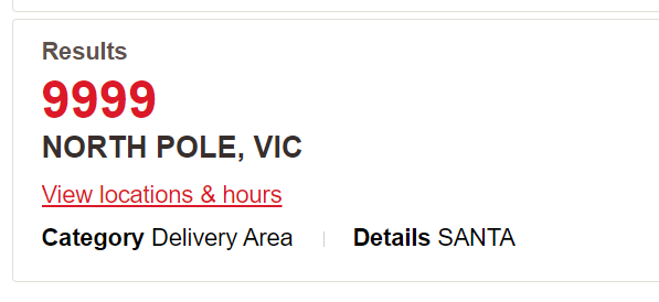 Tori Berquist (@toriberquist) on Twitter photo Cute discovery of the day while processing some health-related data - found a postcode called 'NORTH POLE' with the number 9999 close to inner-city Melbourne. What is it? <a href="/auspost/">Australia Post</a>'s 'Santa Mail' address. Probably won't be finding any GP clinics there! Cute discovery of the day while processing some health-related data - found a postcode called 'NORTH POLE' with the number 9999 close to inner-city Melbourne. What is it? <a href="/auspost/">Australia Post</a>'s 'Santa Mail' address. Probably won't be finding any GP clinics there!