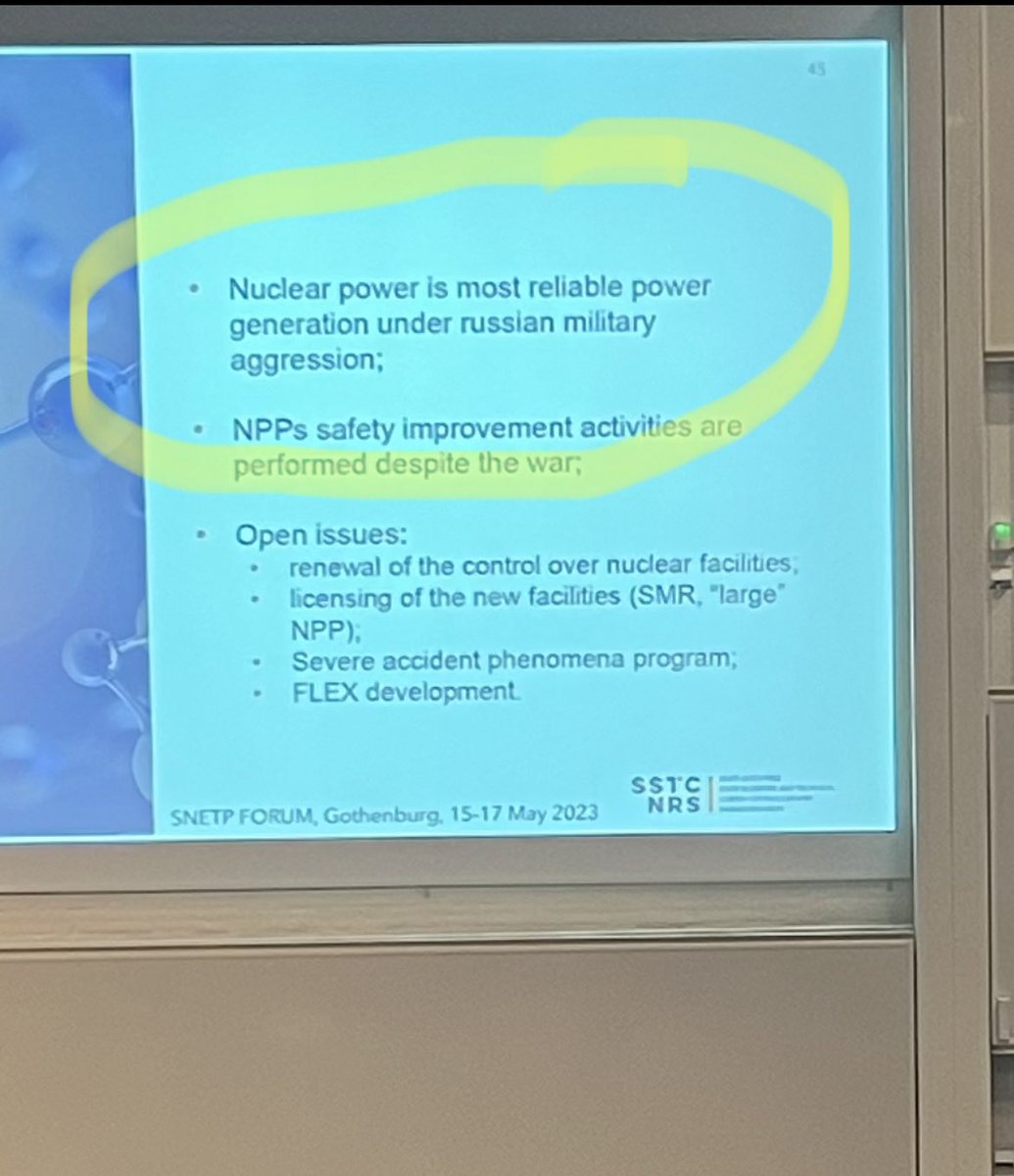 The conclusion from Ukraine - Nuclear power is the most reliable power generation during the Russian invasion. 

(Gumenyuk Dmytro, Head of the SSTC NRS Safety Analysis Unit, at #snept #nuclear conference in Gothenburg)
