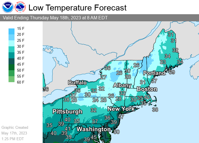 NWSWPC's tweet photo. A chilly night is in store for much of the Northeast, as interior parts of the region will wake up to sub-freezing temperatures, resulting in widespread Freeze Warnings and Frost Advisories through Thursday morning. 🥶 Exposed &amp; vulnerable plants may be damaged or killed. https://t.co/p0nIOK7qHL