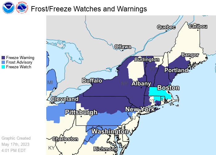 A chilly night is in store for much of the Northeast, as interior parts of the region will wake up to sub-freezing temperatures, resulting in widespread Freeze Warnings and Frost Advisories through Thursday morning. 🥶 Exposed &amp; vulnerable plants may be damaged or killed.