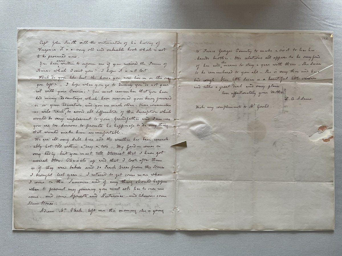 Lovely #spring weather makes us think of the outdoors! Currently on display at @MHS1791 is this May 1819 letter from #LouisaCatherineAdams to #CharlesFrancisAdams about her #garden. She wrote: “I have got several Horse Chestnuts up and…I look after them as if they were babies”