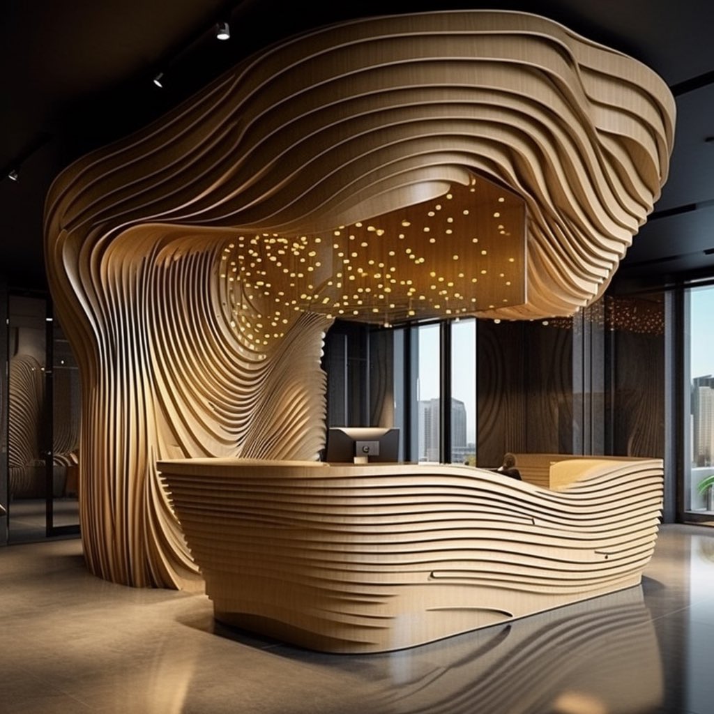 Meta_Architect's tweet image. Translating #Grasshopper functions into #Midjourney prompts has been an enlightening journey. This hotel lobby's dynamic parametric feature wall was a result of that process. It's truly amazing to see how AI can interpret and manifest our design ideas. 🏨🌿 #AI #InteriorDesign