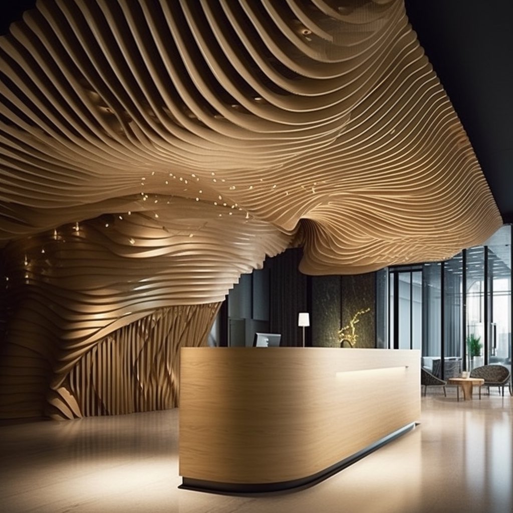 Meta_Architect's tweet image. Translating #Grasshopper functions into #Midjourney prompts has been an enlightening journey. This hotel lobby's dynamic parametric feature wall was a result of that process. It's truly amazing to see how AI can interpret and manifest our design ideas. 🏨🌿 #AI #InteriorDesign