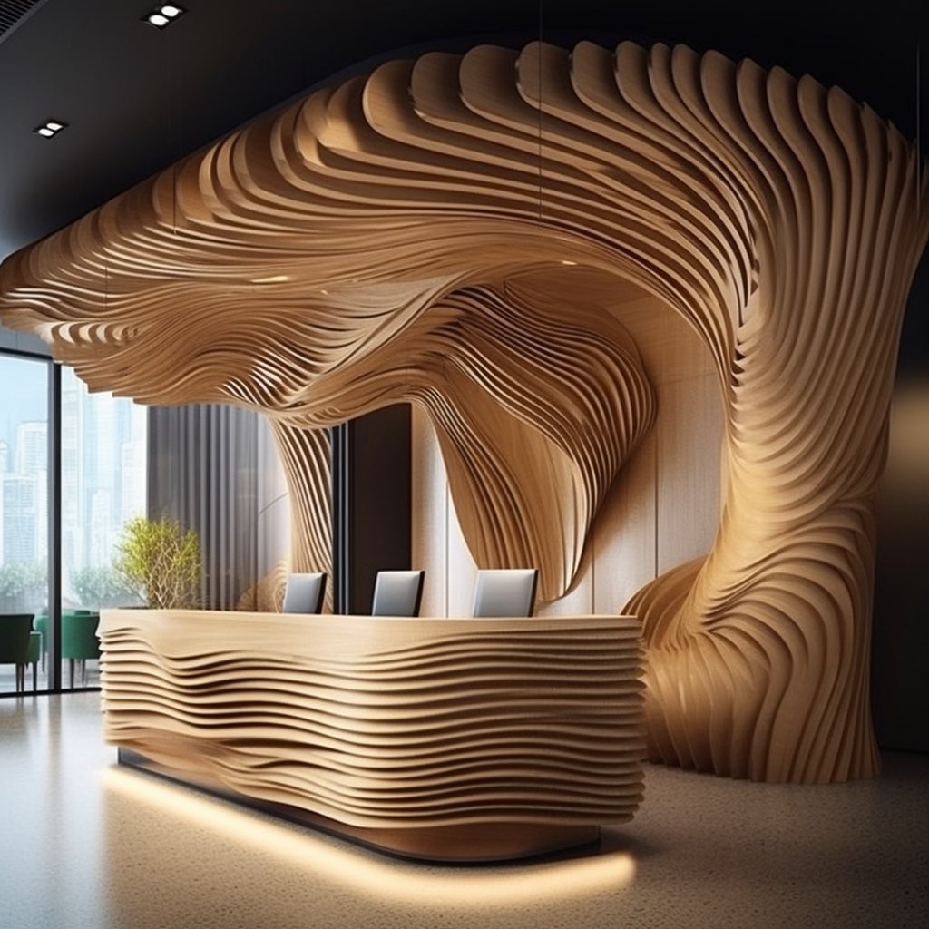 Meta_Architect's tweet image. Translating #Grasshopper functions into #Midjourney prompts has been an enlightening journey. This hotel lobby's dynamic parametric feature wall was a result of that process. It's truly amazing to see how AI can interpret and manifest our design ideas. 🏨🌿 #AI #InteriorDesign