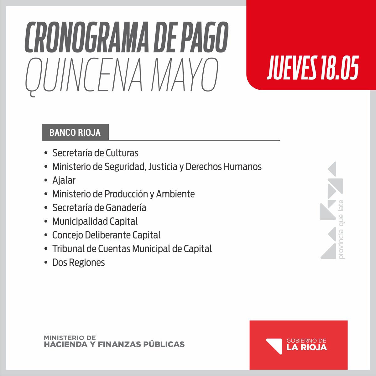 ElInformadorLR's tweet photo. CRONOGRAMA DE PAGO: QUINCENA MAYO - https://t.co/GWdYtbzR3k https://t.co/aD5laSlSWO