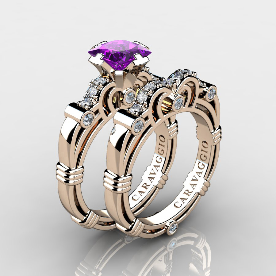New 💎 caravaggiojewelry.com/?p=427318 Art Masters Caravaggio 14K #Rose Gold 1.25 Ct Princess #Amethyst #Diamond  Engagement Ring Wedding Band Set R623PS-14KRGDAM at Caravaggio™ Jewelry