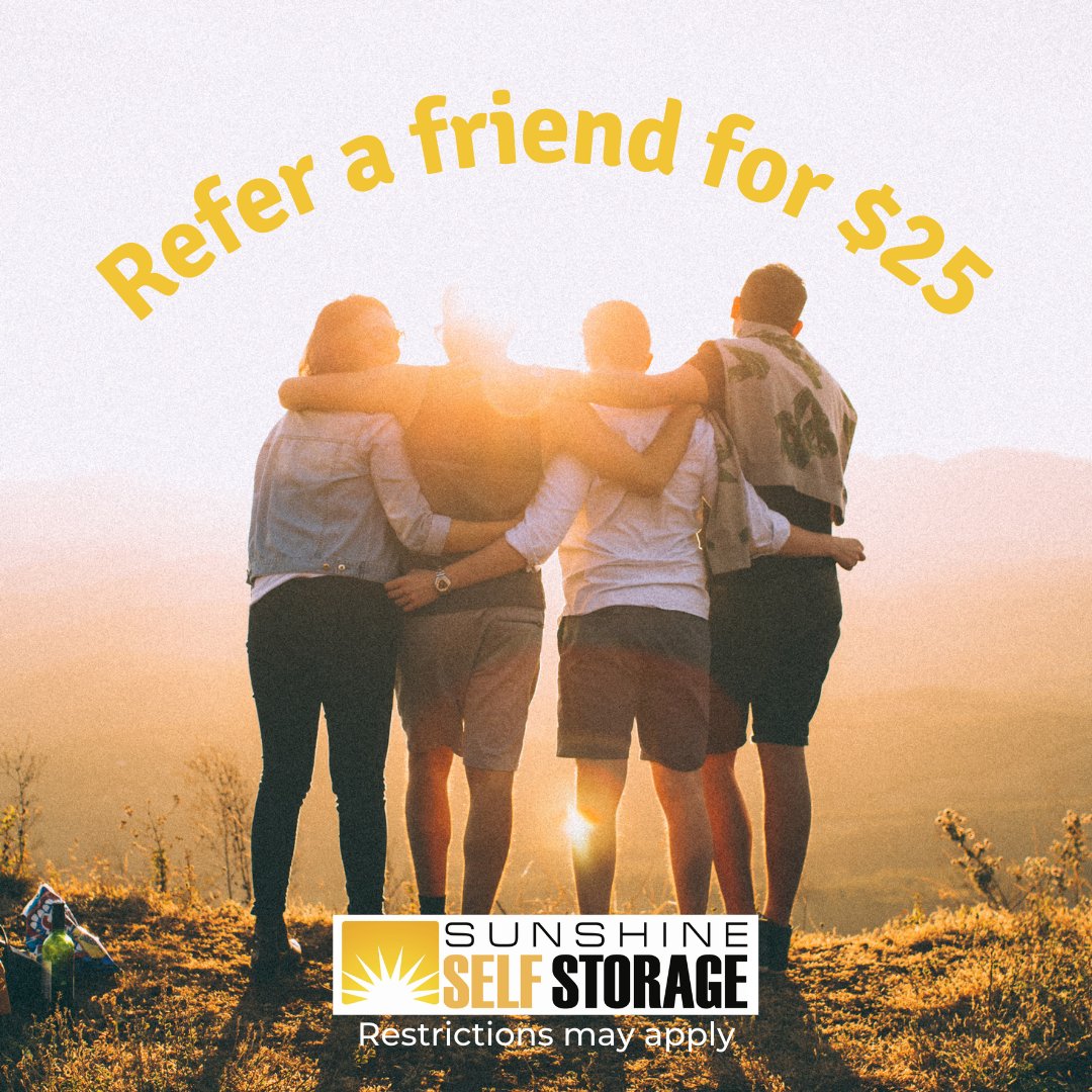 StorageSunshine's tweet image. Check out this great deal! Refer a friend to your local Sunshine Self Storage today

Based on availability; size limits and other restrictions may apply.
#Sunshine #Blog #SelfStorage #SunshineSelfStorage #Storage #StorageWars #StorageBlog #Moving #Budget