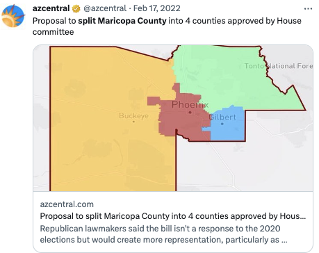 tylerbowyer's tweet photo. Today feels like a good day to remind everyone that Rural Democrats &amp; Suburban &amp; Rural Republicans in the legislature have all the power to split Maricopa County into 4 more representative and manageable counties.

All 4 would remain in the top 5 counties by population. https://t.co/THCkM30cSu