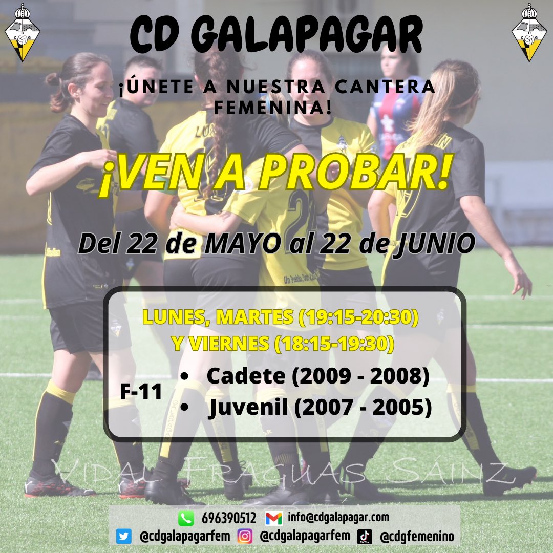 ⚠️ JORNADA PUERTAS ABIERTAS CDG FEMENINO

Desde el 22 de mayo hasta el 22 de junio, tendremos 1 mes de puertas abiertas para todas las categorías.

¡NO TE LO PIERDAS!

#UnPuebloDosColoresUnaIlusión
#CDGalapagarFemenino💛🖤