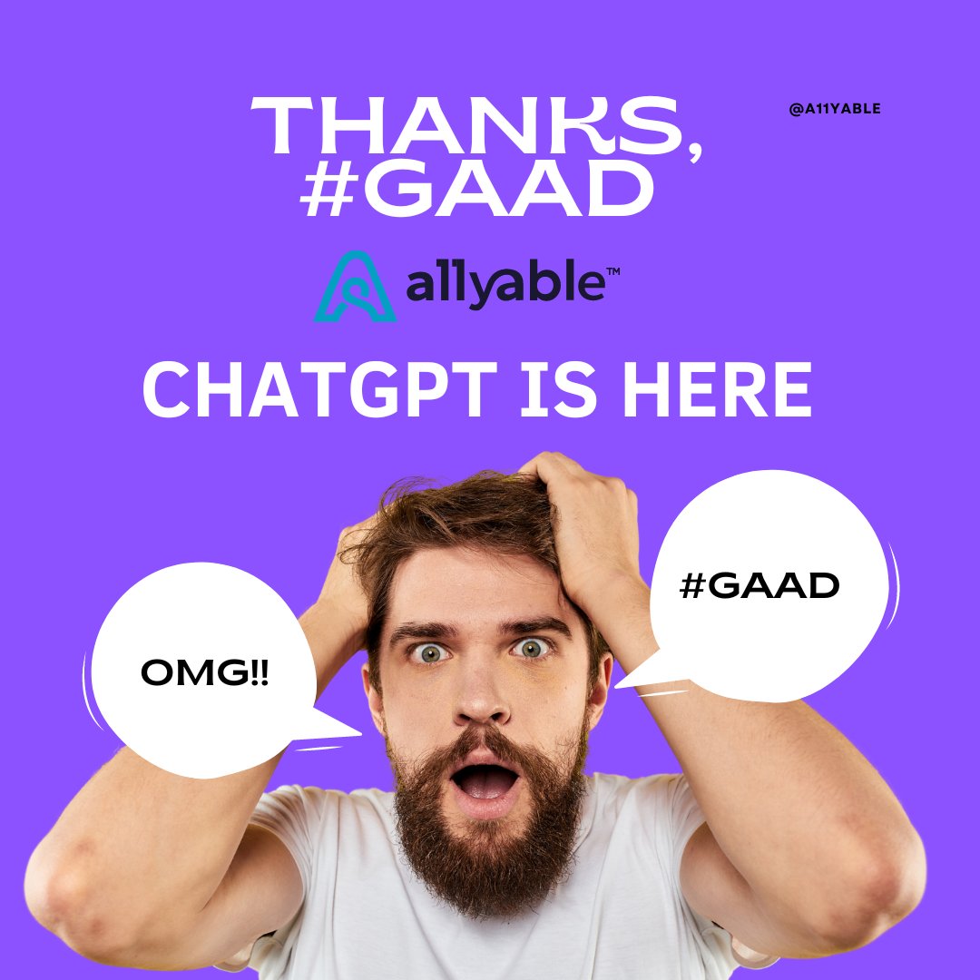 allyable's tweet image. Excited to introduce ChatGPT into our A11y360 Hub! This AI chatbot is taking #DigitalAccessibility to new heights at #A11yable! Stay tuned! 
Read more allyable.com/thanks-gaad-ch…
#GAAD #AI #CHATGPT #A11y #Diversity #SaaS