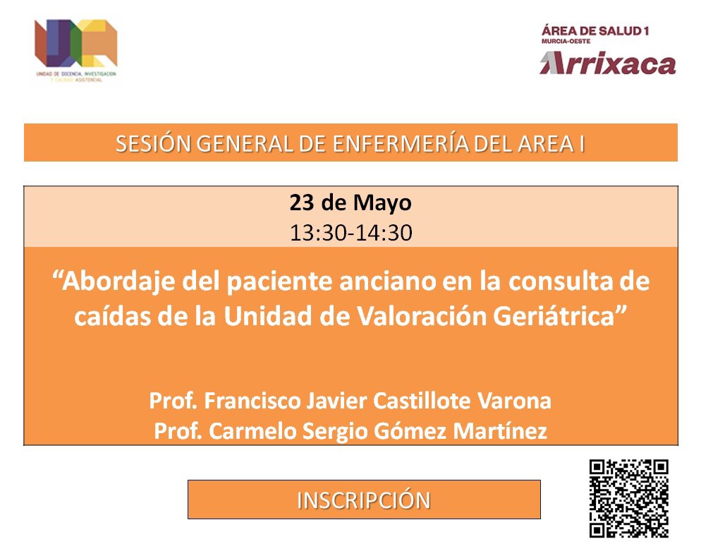 📚🏥👩🏻‍⚕️Próximo 23 de Mayo #martesdesesiones, “Abordaje del paciente anciano en la consulta de caídas de la Unidad de Valoración Geriátrica“ impartida por Francisco Castellote y Carmelo Gómez.

¡Inscríbete ya!✅

<a href="/AreaUnoArrixaca/">Área 1 Arrixaca</a> <a href="/Murciasalud/">Murciasalud</a>