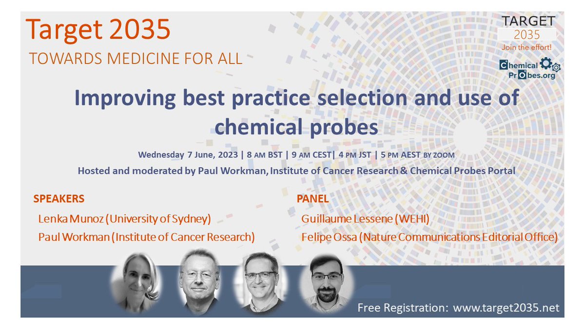 Join us for the upcoming Target 2035 #webinar to expand your knowledge and contribute to the advancement of best practices for #chemicalprobes. Mark your 📅 and register for #free: bit.ly/3MAAobz @WEHI_research, @Munoz_Group, @Sydney_Uni, @Sydney_DDI, @NatureComms