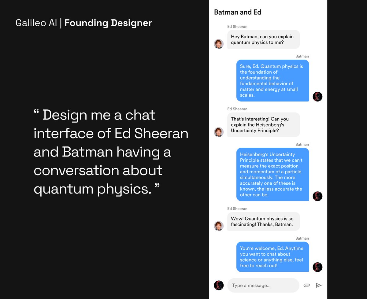 ✨I’m thrilled to share that Galileo AI is hiring for a Founding Designer. ✨

This is a unique and ambitious role, as this person will play an integral part in defining how the design industry evolves in the age of generative AI. (1/7)