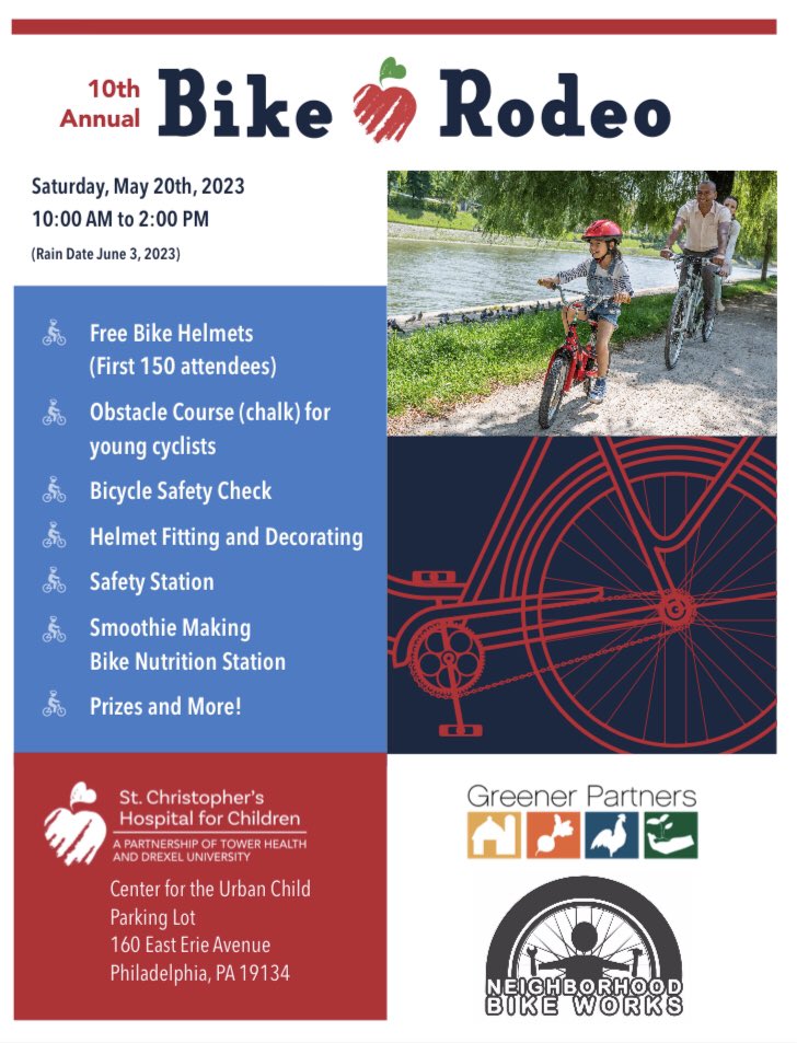WestPhillyPN's tweet photo. Come out to the Center for the Urban Child this Saturday, May 20, from 10am–2pm for St. Christopher’s 10th Annual Bike Safety Rodeo! 

Enjoy free bike helmets, a chalk obstacle course, a bicycle safety-check station, a helmet fitting and decorating station, and much more! https://t.co/jExqOoGKd8