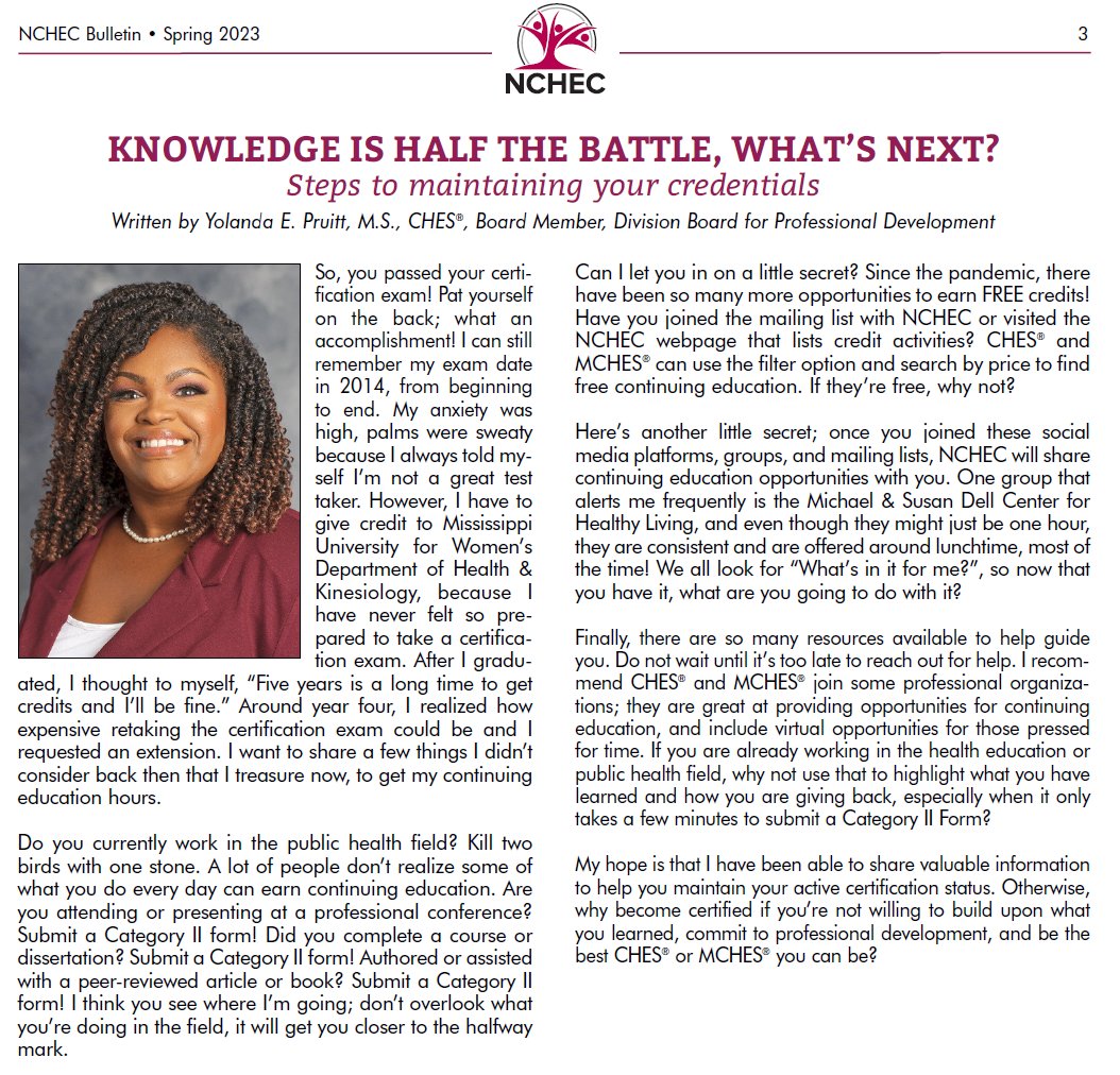 Proud of my colleague, <a href="/Yolanda77038873/">Yolanda E. Pruitt M.S, CHES</a> for (among other things!) her article in the NCHEC newsletter this quarter.