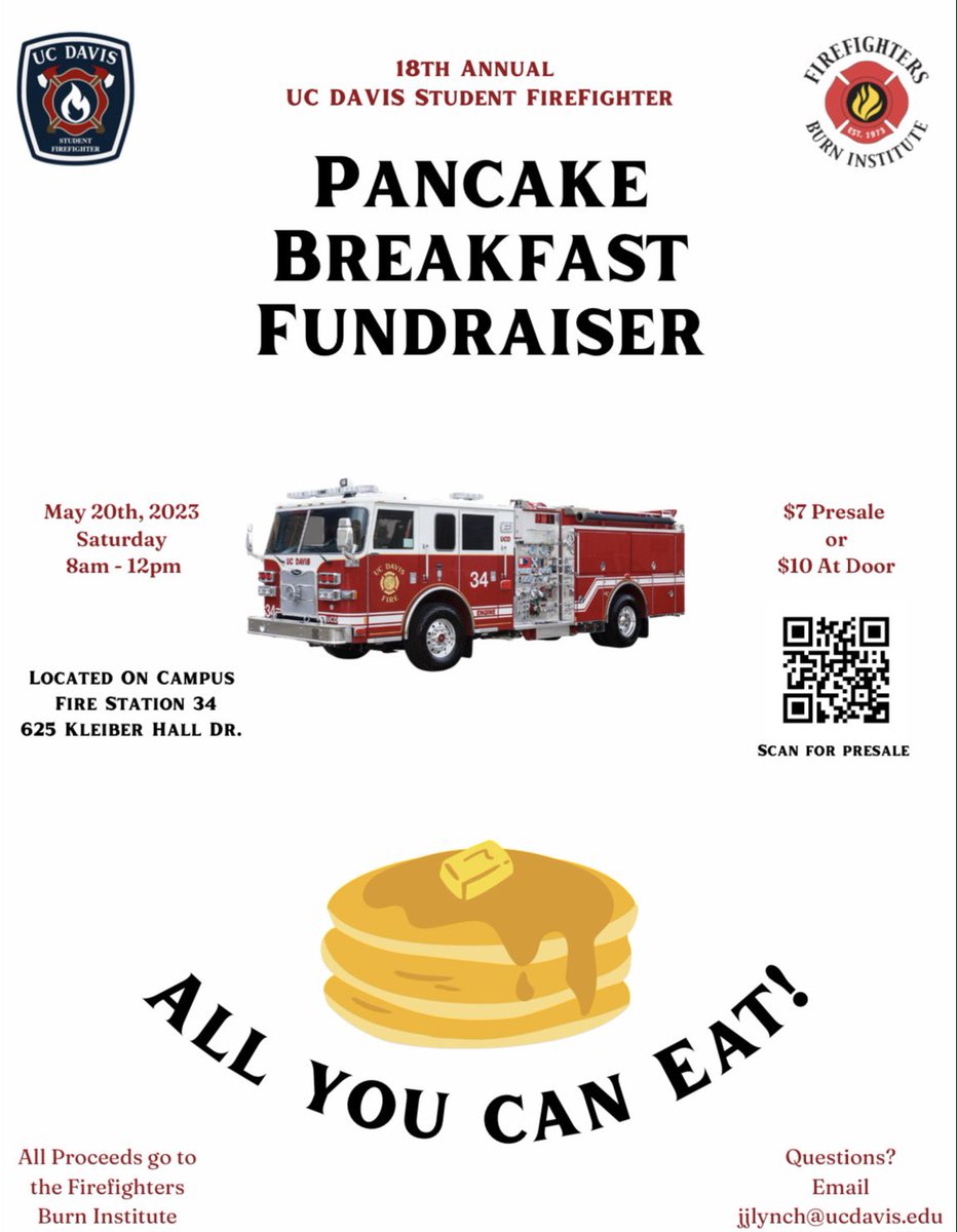 UCDavisFire's tweet image. You just got an invitation from our Student Firefighters to attend our 18th Annual All-You-Can-Eat Pancake Breakfast! 🥞 

This event will be held here at Station 34 on May 20th, from 8:00 AM to 12:00 PM! 

#UCDFD #UCDavis #AggiePride #CommunityOfEverydayHeroes #UCDavisFire
