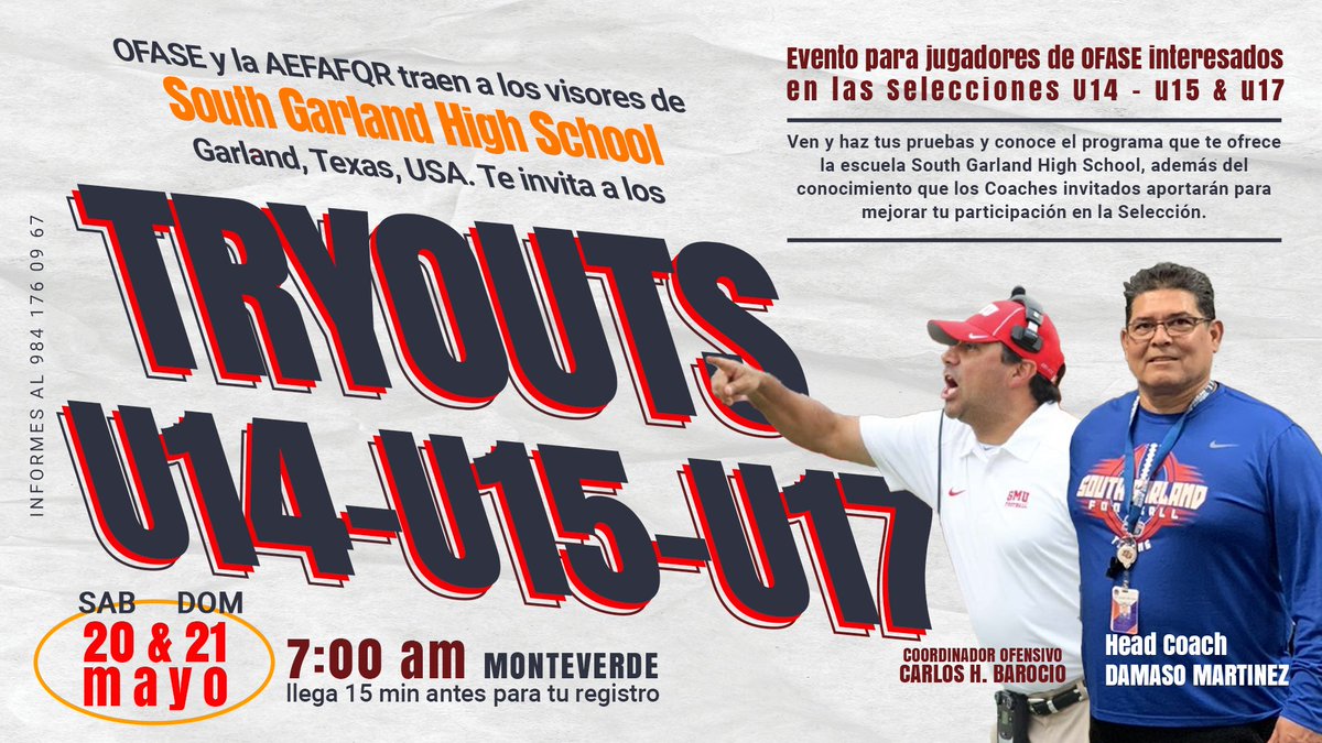 OFASEoficial's tweet photo. OFASE te acerca y hace posible jugar en USA.

Si estas interesado en las Selecciones U14, U15 &amp; U17 de OFASE, traemos para ti a los reclutadores de la escuela South Garland High School, USA

20 y 21 Mayo Monteverde 7:00 AM

Ven, participa y conoce los requisitos de este programa https://t.co/Qn3aiObMSP