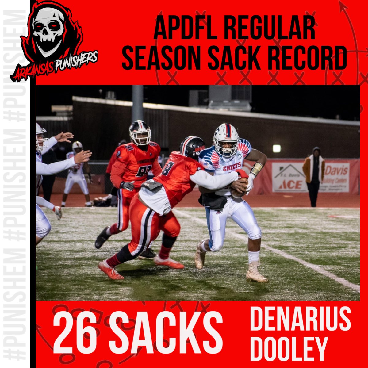 Arpunishersfb's tweet photo. Defensive lineman Denarius Dooley has had one of the best seasons a D-lineman can have‼️ While only playing 7 games, he has broken the APDFL sack record with 26 sacks‼️‼️ https://t.co/xFcOMTXGgy