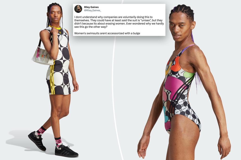 nypost's tweet photo. Adidas ‘Pride 2023’ women’s swimsuits appear to be modeled by a man https://t.co/9tgz1kNYab https://t.co/VisHqMUkbq
