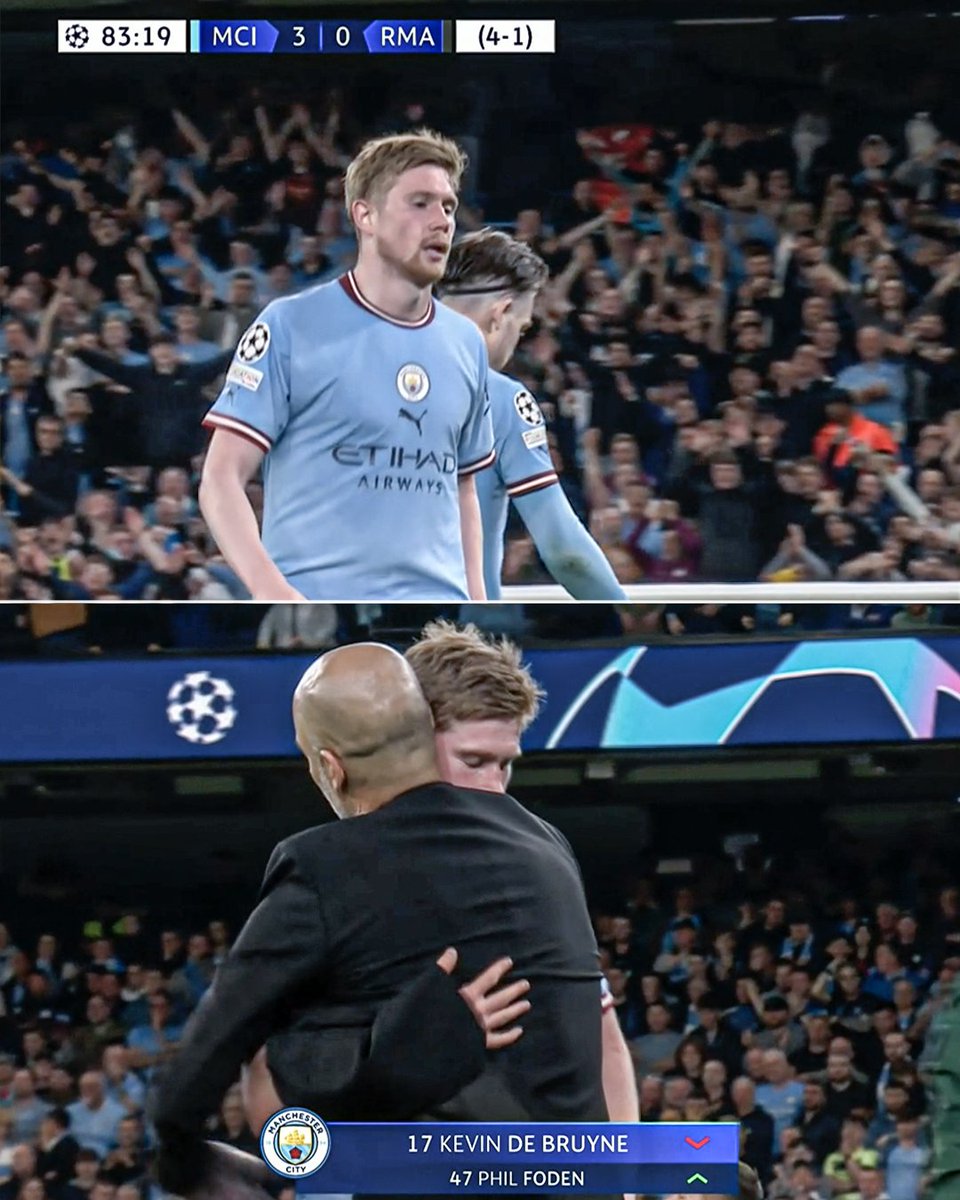 ESPNFC's tweet photo. The entire Etihad sings Kevin De Bruyne's name as he comes off the pitch.

A huge embrace from Pep Guardiola.

What a performance over two legs from Man City's engine 👏 https://t.co/9SXjSGOPkm