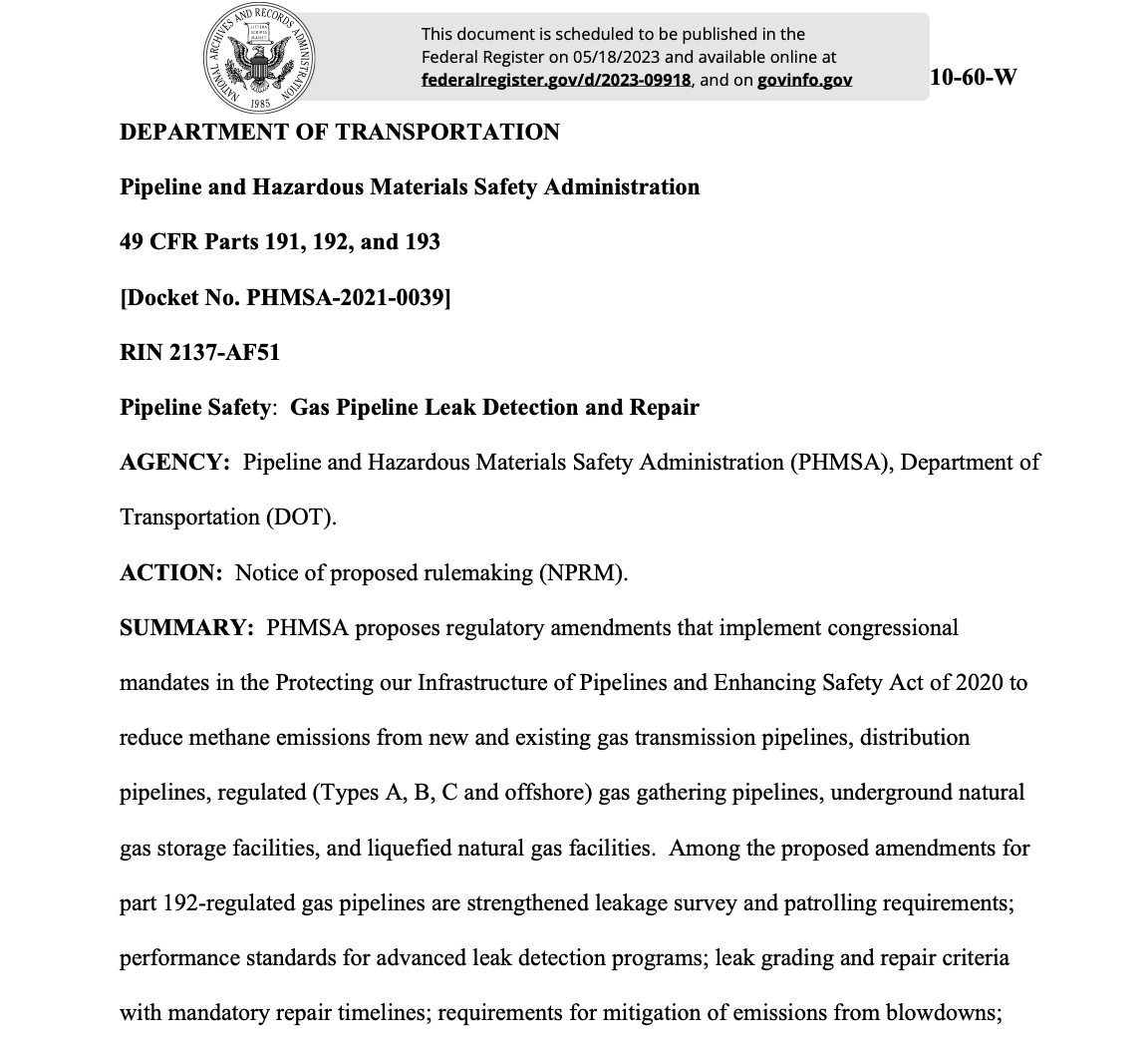 StateImpactCntr's tweet photo. .@PHMSA proposes regulatory amendments to reduce methane emissions & expand reporting regulations for various gas pipelines and storage facilities. Comments due on 7/17 after publication on 5/18. #StateImpactAlert.
https://t.co/Iw3EzayACp https://t.co/MyzZVxYuxB