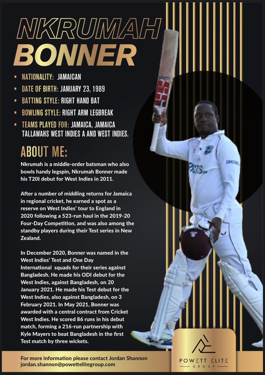 Powett_Elite's tweet photo. We have @windiescricket International all rounder Nkrumah Bonner available for the remainder of the season.
Bonner is a proven International top order batter and more than useful leg spin bowler.
Please DM for more details, a great signing for any league cricket side. https://t.co/iforq5xoyw