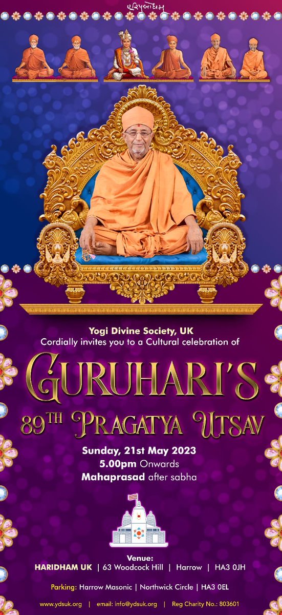 HaridhamUK's tweet photo. Jai Swaminarayan, Please join us to celebrate P.P. #Hariprasad Swamiji’s 89th Pragatya (Birthday Celebrations) Utsav. #iHariprabodham. https://t.co/H4GebMje43