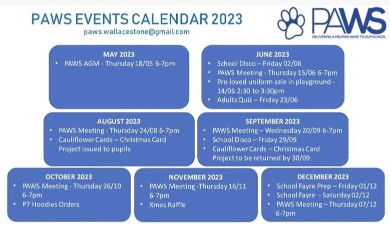 Tomorrow, Thurs 18th, is our AGM which is held in the staff room. We would love to see you there from 6-7pm.

PAWS run school discos, adults quiz, Xmas fayre and much more!! 

Here are our upcoming events and dates plus maybe more, we can’t run these events without you ♥️ 💙