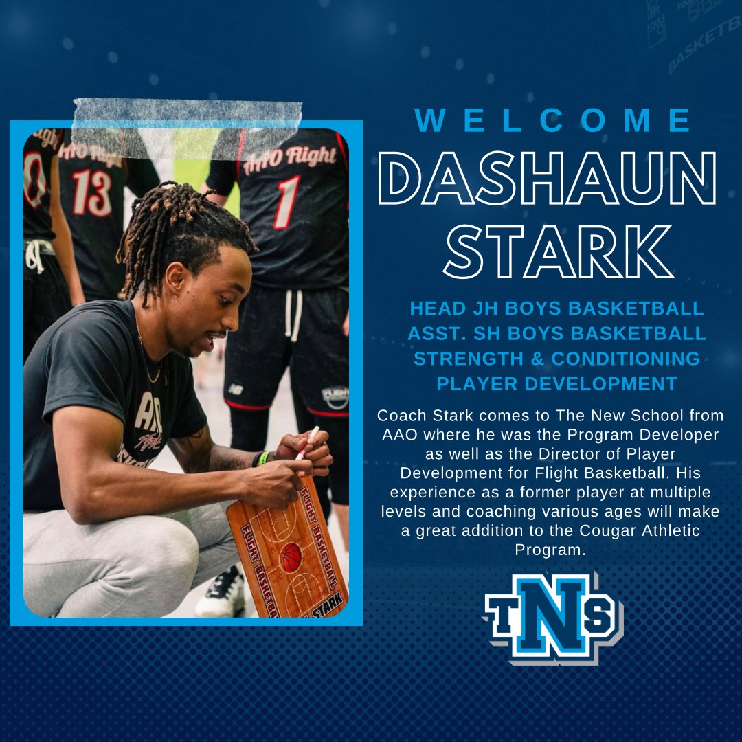 We are excited to announce DaShaun Stark as our new Head JH Boys and Assistant Sr. Boys Basketball Coach. Coach Stark will also lead our Strength and Conditioning Program as well as our Player Development. Everyone welcome DaShaun to the TNS Family! #CougarPride