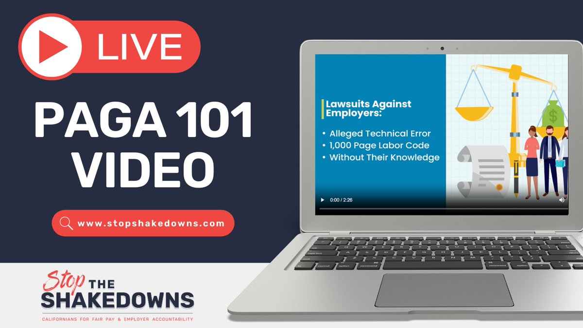 NoShakedowns's tweet photo. 📣🎥Exciting news! Our new PAGA 101 video, a helpful explainer on the Private Attorneys General Act, is live on the #StopShakedowns site. Whether you're a worker, a non-profit, school or business owner, this video breaks down the impact of PAGA https://t.co/FE4iThZz2W https://t.co/ARh3P2ne3Z