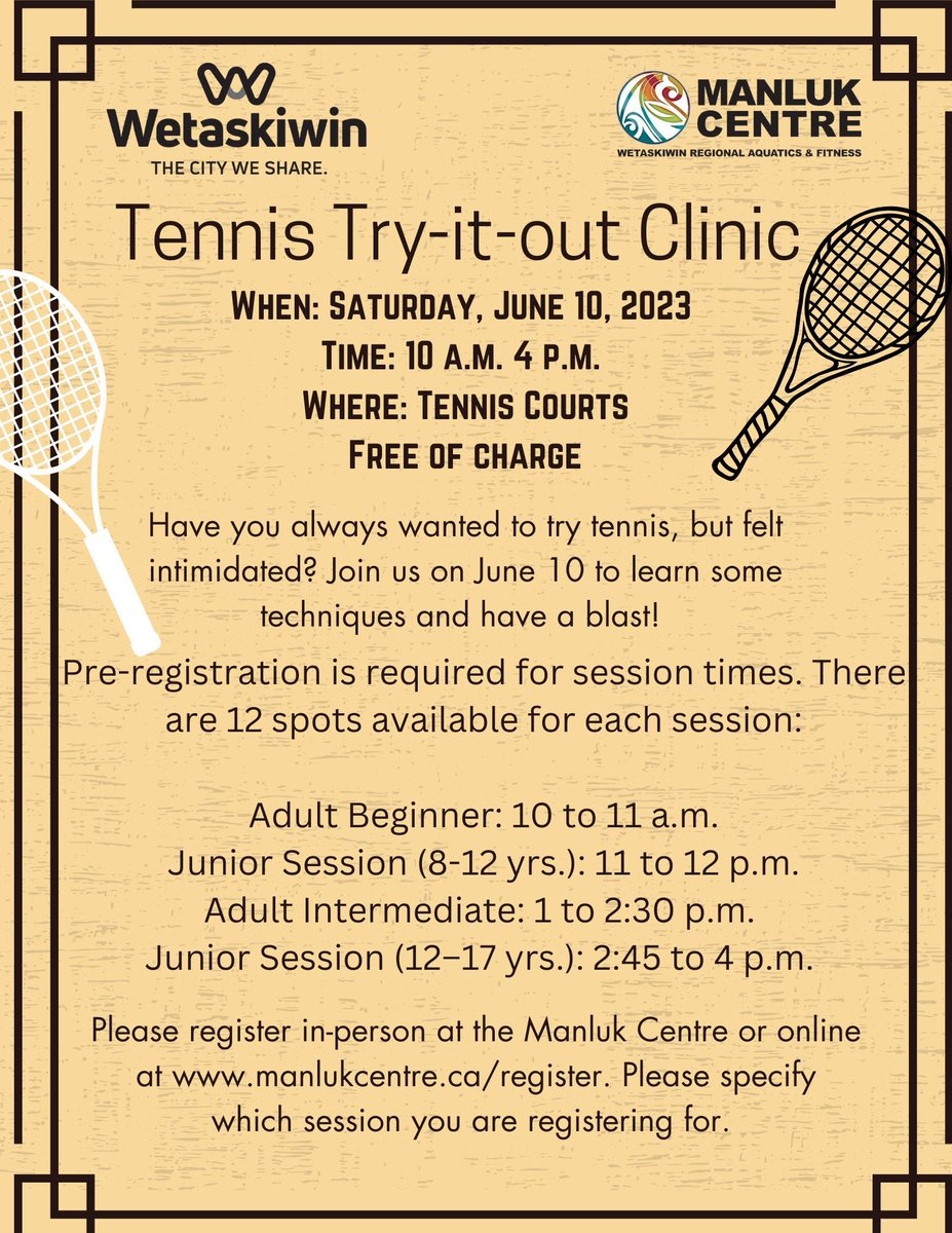 #wetasikiwin try tennis at the Manuluk Centre FREE on June 10. 

manulukcentre.ca/register