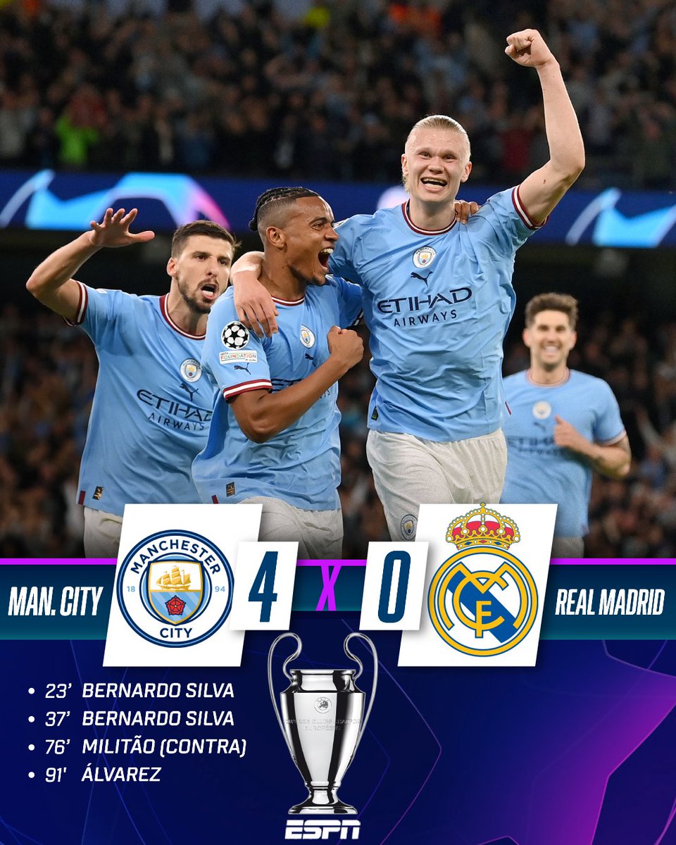 Em jogo de sete gols, Manchester City vence o Real Madrid e larga