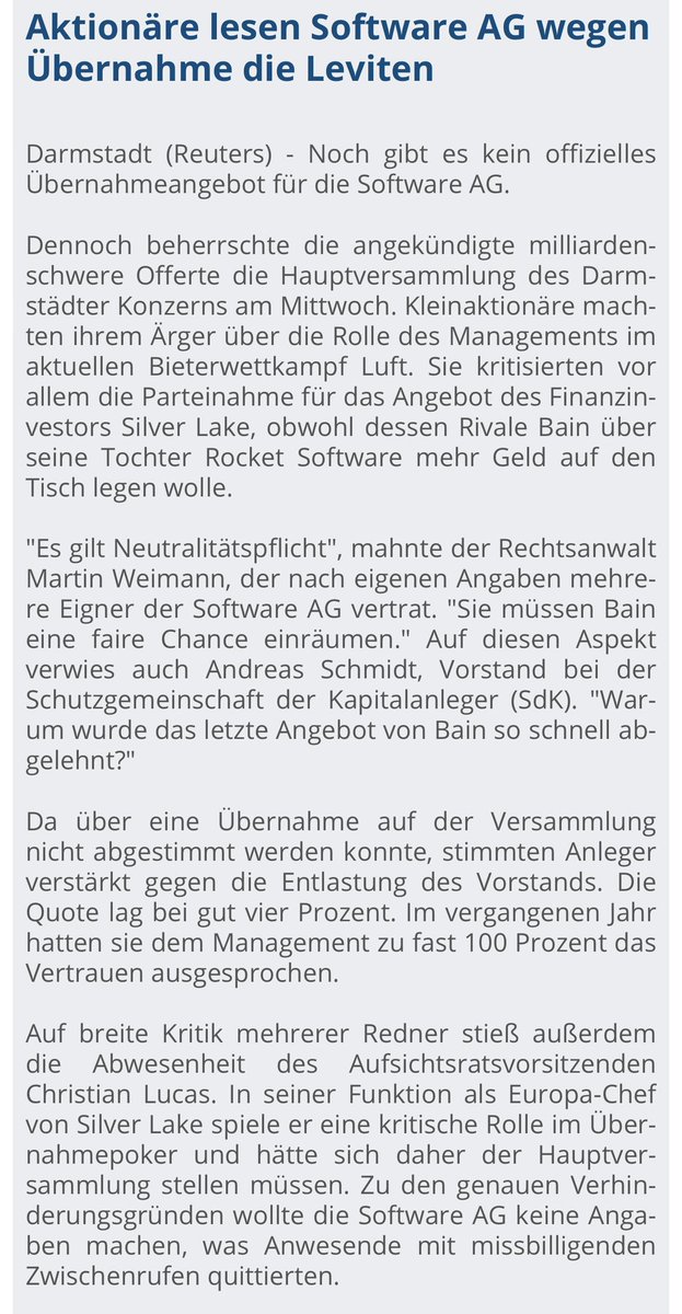 WinterLars's tweet image. Aktionäre lesen #SoftwareAG wegen Übernahme die Leviten