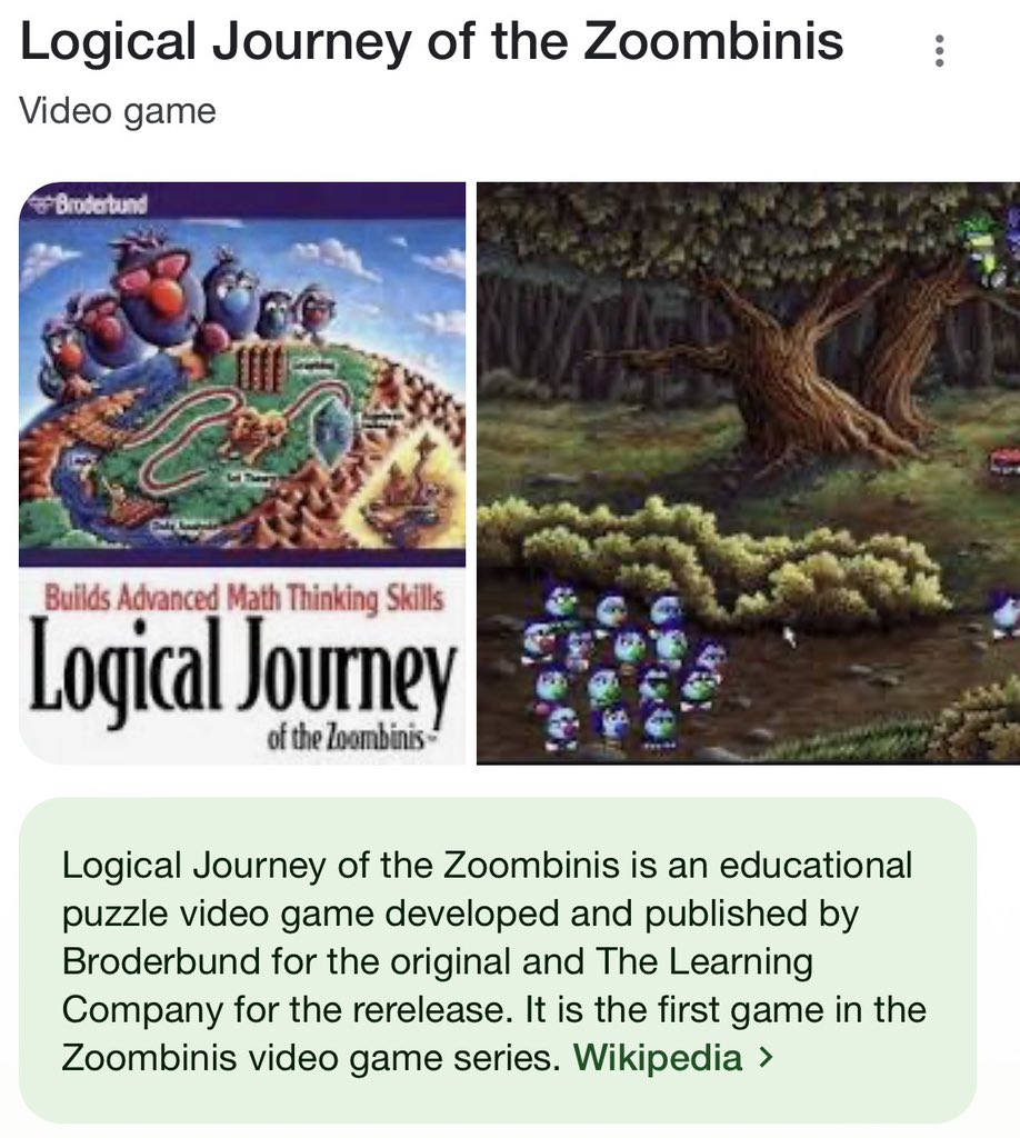 SnarkMessier's tweet image. Does anyone (my age) remember playing this game on their computer as a kid? 😂 

Just randomly popped into my head today.

#Zoombinis #TheLearningCompany #90s