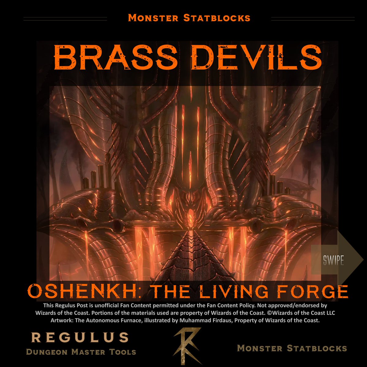 regulustweets's tweet photo. NEW MONSTER // Oshenkh commands a large troop of Brass Devil Squads, nasty rank and file creatures for the mid-to-late tier of the campaign.
Change or modify as required. Enjoy!
#dnd #dnd5e #ttrpg #rpg #regulusabilities #dndmonsters #dndhomebrew #dungeonmaster #monsterstats https://t.co/7UqiNQYQu3