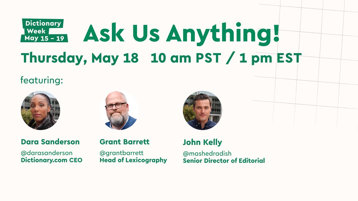 Dictionarycom's tweet photo. How do words get added to the dictionary? Who decides what a word means? Why is 'colonel' spelled that way?
Ask Us Anything! Join us tomorrow at 10am PST / 1pm EST, where you'll have the opportunity to ask our #DictionaryWeek panel all your wordy questions! https://t.co/grBlgJQzBC