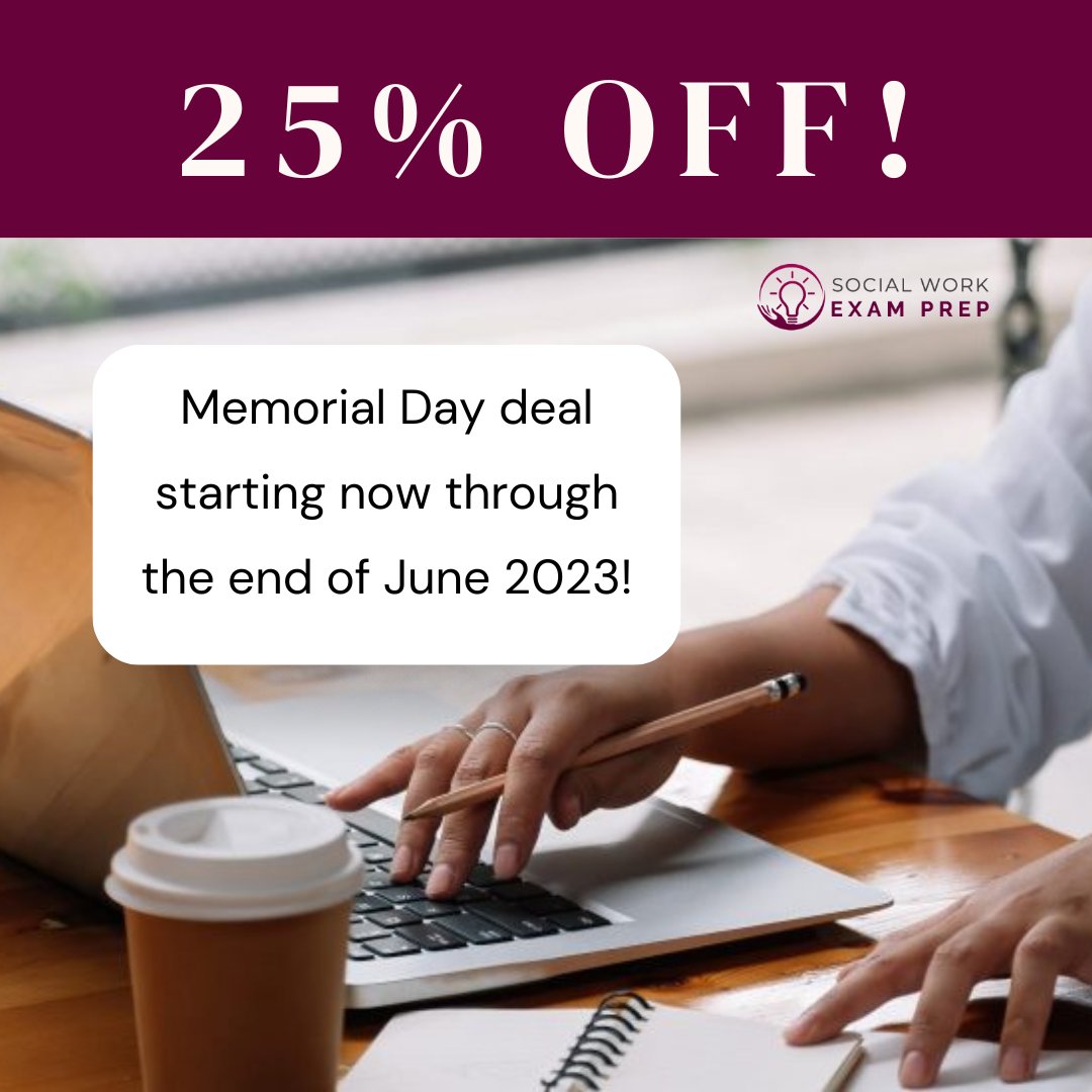 Are you ready to take your social work career to the next level?#SocialWorkExamPrep is offering an incredible discount of 25% off all products in honor of Memorial Day! Simply use the code MEMORIAL25 at checkout socialworkexamprep.net #socialworkcareers  #TestTakingStrategies