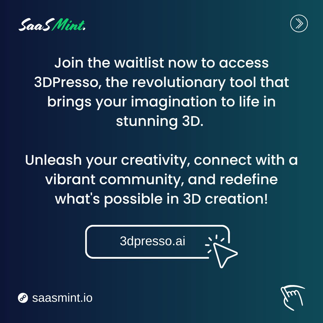 SaasMint's tweet photo. Unleash your imagination with 3DPresso! Transform videos into mesmerizing 3D models using AI. Join the waitlist now and be part of the 3D revolution.
#3dpresso #LimitlessCreativity #ai #artificialintelligence #artificialintelligenceai #3dmodels #aipoweredtool #saas #saasmint https://t.co/SASA0Itwdw