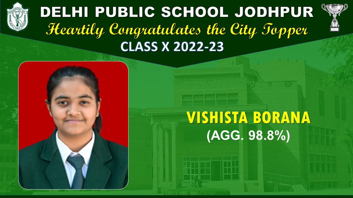DPSJOD's tweet photo. 121 students scored 90% & above in class X. Congratulations to all our star achievers. Vishista Borana emerged as the city topper, scoring 98.8% marks. @Interstar_AE #cbseclassX #citytopper https://t.co/pHN0f7gLXq