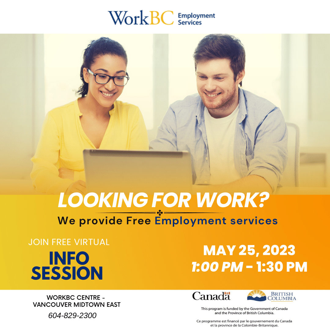 Attend a #FREE #informationsession about our #employmentservices!

Join us on May 25th, 2023 at 1:00 pm to learn what services and resources we have available to assist you with your job search!
eventbrite.ca/e/workbc-vanco…
#employment #jobopportunities #careerdevelopment #infosession