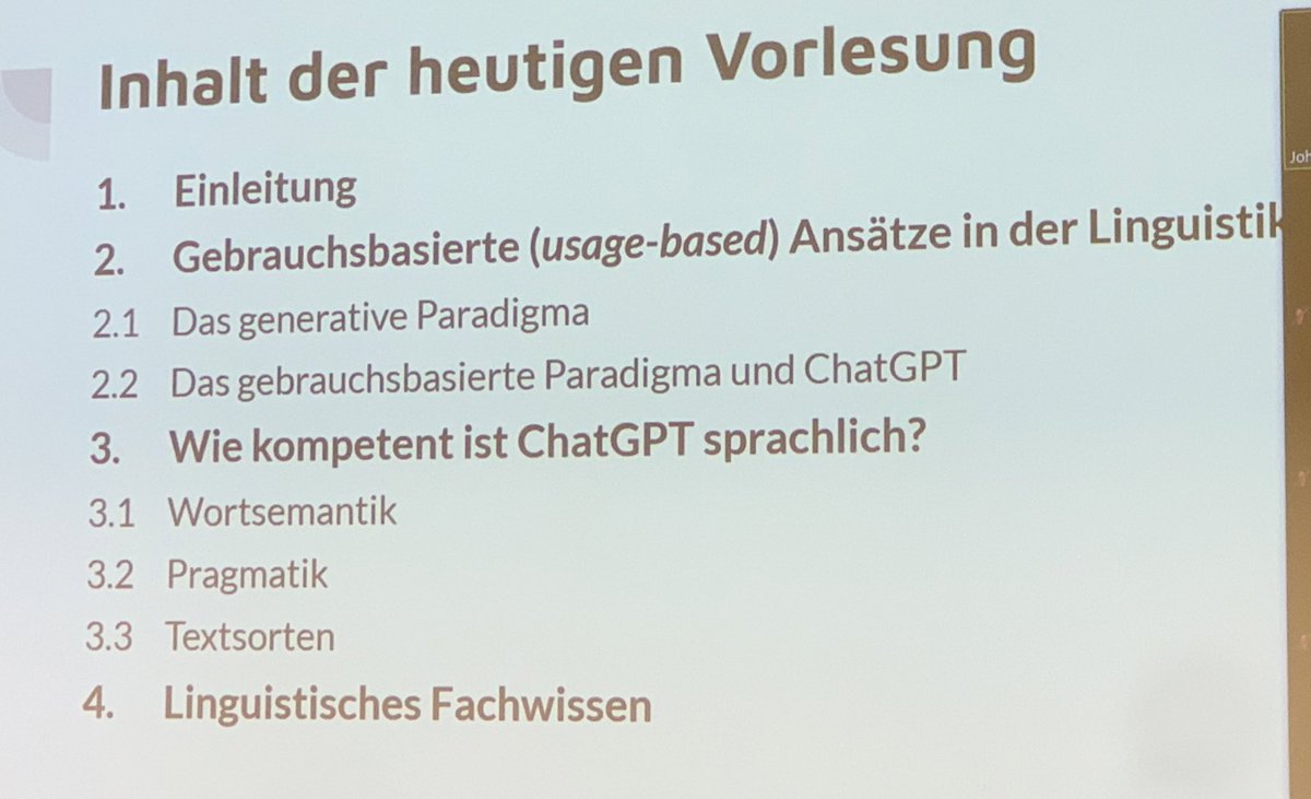 MedienInfRgb's tweet photo. Linguistische Feldforschung mal anders: Objekt der Betrachtung ist #ChatGPT: Im dritten Teil der Ringvorlesung ChatGPT und Co nimmt Johannes Helmbrecht die sprachliche Leistungsfähigkeit von heutigen #LLMs unter die Lupe. @uni_regensburg Stream hier: https://t.co/WsP3OEuYb9 https://t.co/yI3GYPQp3C