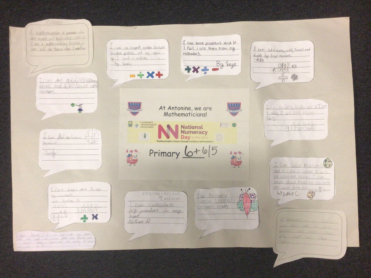 GCampbellAPS's tweet photo. @AntoninePrimary learners celebrating National Numeracy Day by sharing what they know about Numeracy and Maths and thinking about themselves as mathematicians. Great work everyone! @GIC_Glasgow #successfullearners
#mathsmindset #glasgowcounts https://t.co/wsunHm5YZ6