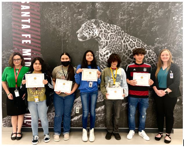 (2of2)Santa Fe Middle School: (picture L-R) Mrs. Burch, Kate Ramirez AGRICULTURE, Victor Briceno CONSTRUCTION, Eduardo Pineda Castellanos ROBOTICS, Lizbeth Salas HEALTH SCIENCE, Yamileth Guadalupe Martinez Hernandez GEAR UP, Ms. Hons. CONGRATULATIONS!!!