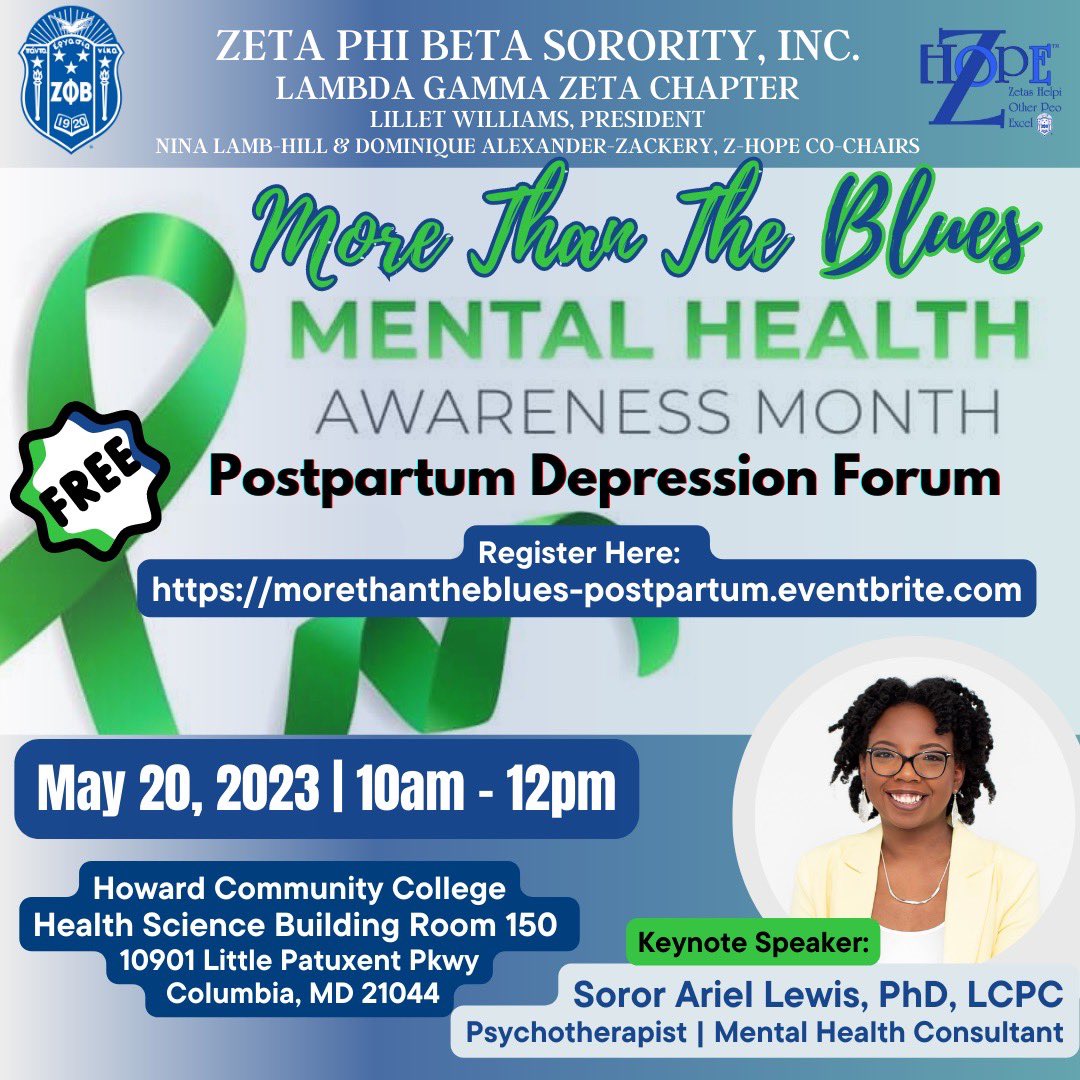 Reminder: May is Mental Health Awareness Month and we are hosting a free forum on Postpartum Depression. Join us as we shed light and share resources on this topic because sometimes it’s “More Than The Blues”

…hantheblues-postpartum.eventbrite.com

#ZPhiB #ZPhiBMD #LGZHoCo